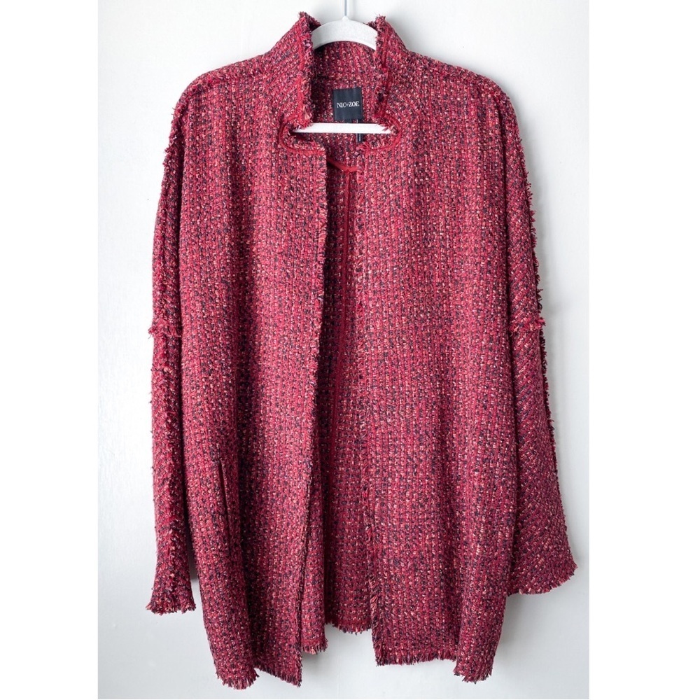 Nic + Zoe Tweed Fringe Longline Open Front Cardigan Sweater Blazer Medium